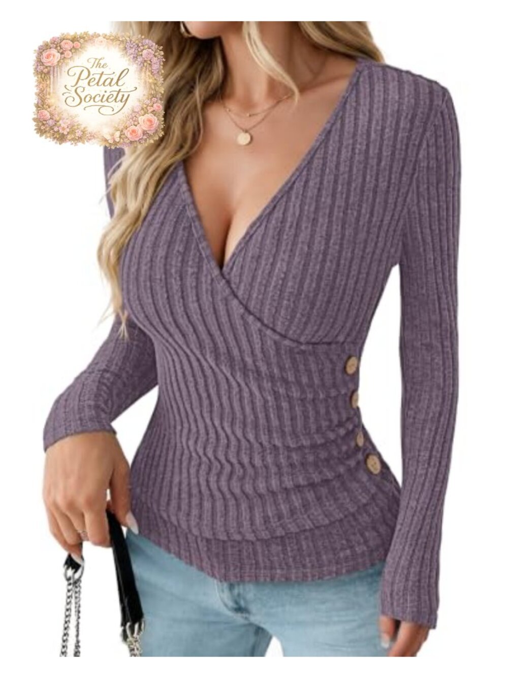Long Sleeve V Neck Wrap Top Slim Fit Pullover Sweater